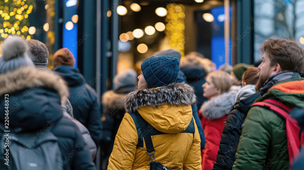 Obraz premium Diverse People Wearing Winter Clothing Walking in Crowded Urban Street at Night