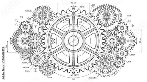 Mechanical Blueprint Gears Mechanism Isolated
