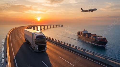 A semi truck drives across a coastal bridge as a cargo ship passes below.