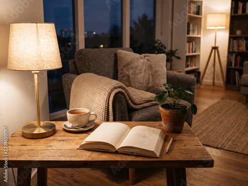 A wonderful Cozy Evening Reading Nook with Open Book and Tea
