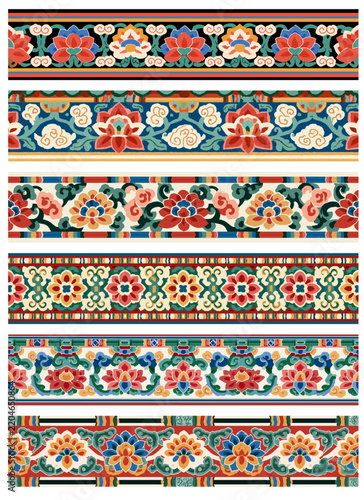 Korean traditional dancheong and floral decorative border patterns with vibrant oriental ornaments and colorful motifs   