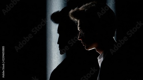 Standing between light and shadow, a human silhouette symbolizes inner struggle, emotional tension, difficult decisions, uncertainty, and psychological conflict.

