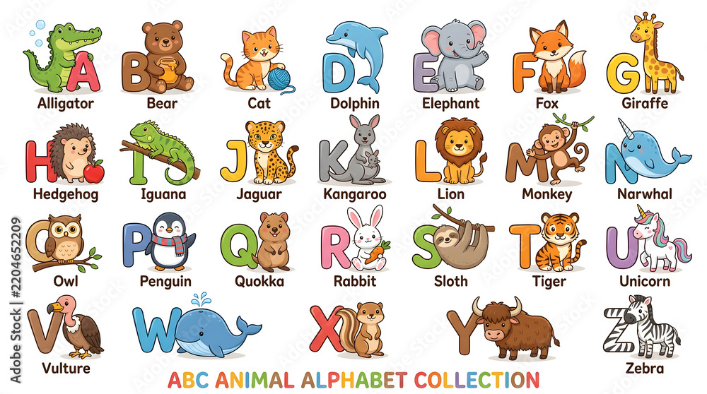Fototapeta premium Cute A to Z animal alphabet collection vector illustration set with friendly cartoon characters and English letter names isolated on white background