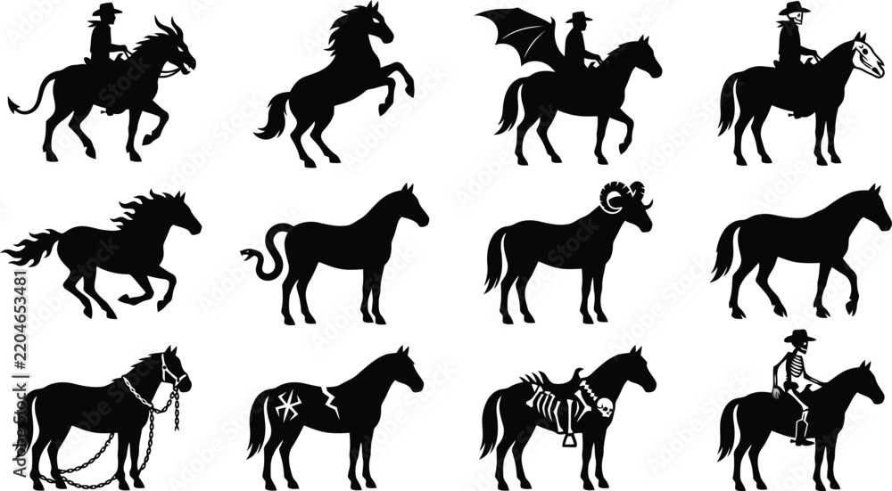 Obraz premium Collection of black and white horse silhouettes featuring various poses, riders, skeletons, supernatural creatures, and western motifs