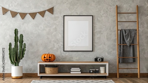 Mockup of a wooden picture frame on the wall. A modern, luxurious living room interior featuring Halloween decor, a sofa, furniture, a lamp, and a coffee table.