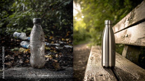 Comparison of a dirty plastic bottle in litter and a clean reusable metal bottle on a park bench
