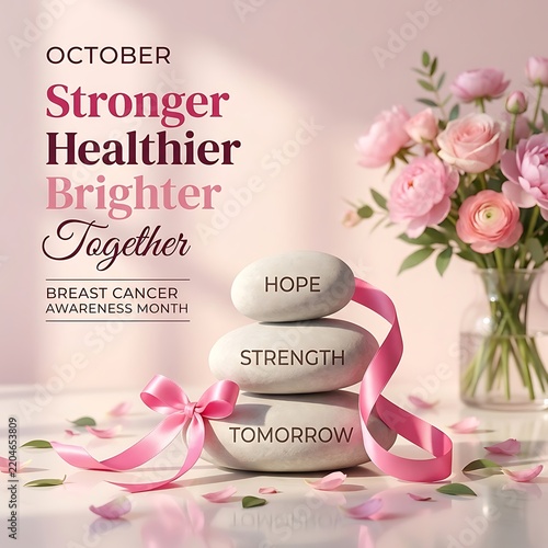 Breast cancer awareness month zen stones with pink ribbon