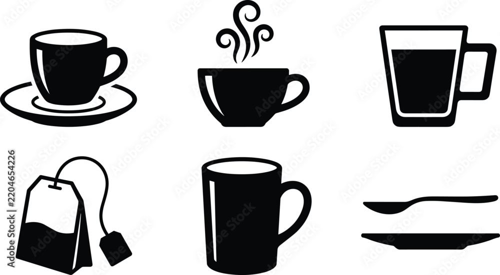 Fototapeta premium Black hot coffee cup icon set featuring brewing tea bag, espresso saucer, tall mug, breakfast spoon, and steaming cafe vector