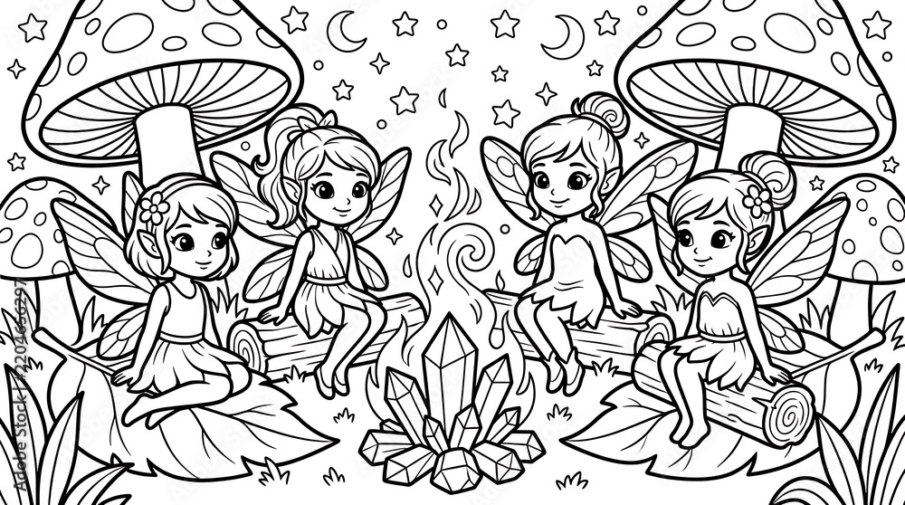 Fototapeta premium Four cute fairies sitting on logs around a magical crystal campfire under giant mushrooms and a starry night sky, black and white coloring page