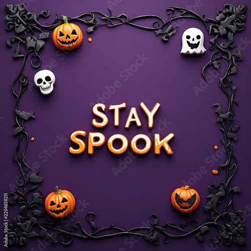 Stay spook background with orange 3d text, black ornamental frame, jack o lanterns, cute ghost, and skulls on a purple background