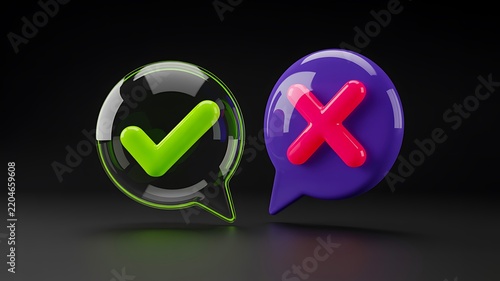 Success and failure concept with green check mark and red cross speech bubbles