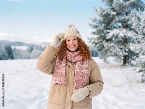 A smiling young woman adjusts her knitted winter hat while standing in a snowy outdoor landscape adult alpine attire beanie