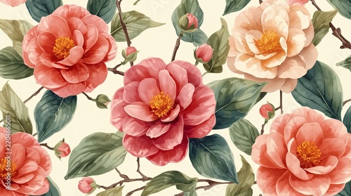 Watercolor Camellia Blooms Flowers Background