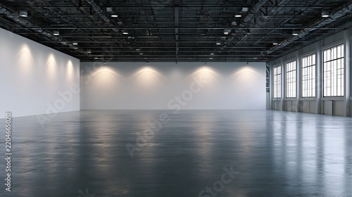 Large empty industrial warehouse interior with windows and spotlights