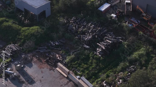 Aerial top-down view of an industrial lumberyard