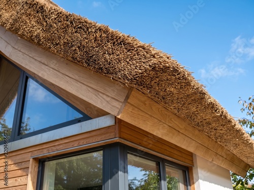 Contemporary residential architecture featuring a traditional thatched roof and oak wood cladding