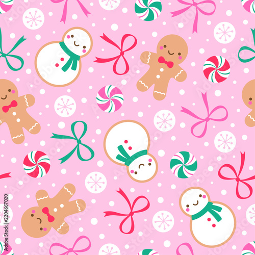 Cute cookies, candy and bow seamless pattern design for Christmas holidays background.
