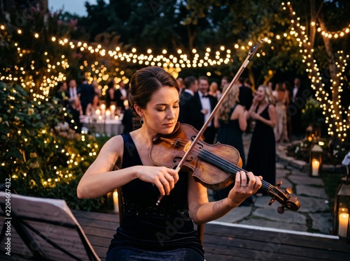Young adult Caucasian woman playing violin at an outdoor evening wedding reception with fairy lights