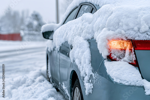 Close-up side view of a light blue car covered in thick snow with illuminated red taillight parked on a snowy road during winter.