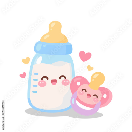 Cute kawaii baby bottle with milk and smiling pacifier pastel illustration