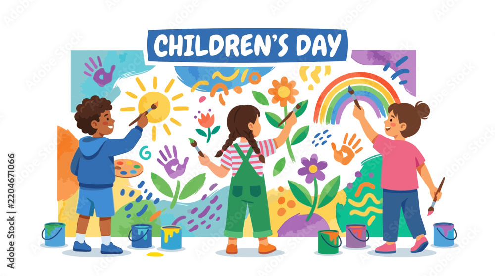 Fototapeta premium Happy Children Painting Colorful Mural Together