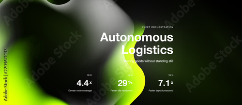 Abstract design promotes autonomous logistics solutions. Metrics highlight route coverage, idle handovers, depot turnaround improvements.