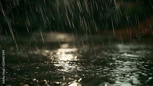 Heavy rain falling on a wet surface