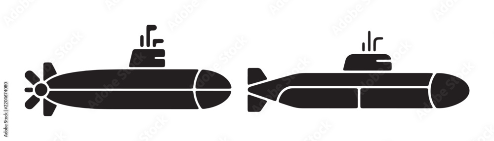 Obraz premium Submarine underwater vessel set featuring black side view silhouettes for naval warfare illustrations.