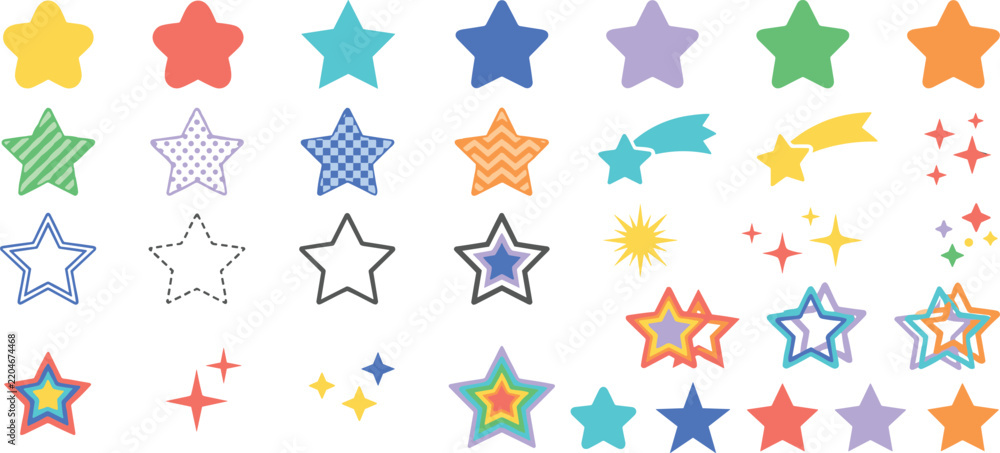 Fototapeta premium Cute Colorful Star Icon Set with Pattern Fills, Outlines, Shooting Stars, and Magic Sparkles for Kids Sticker and Stationery Design Elements