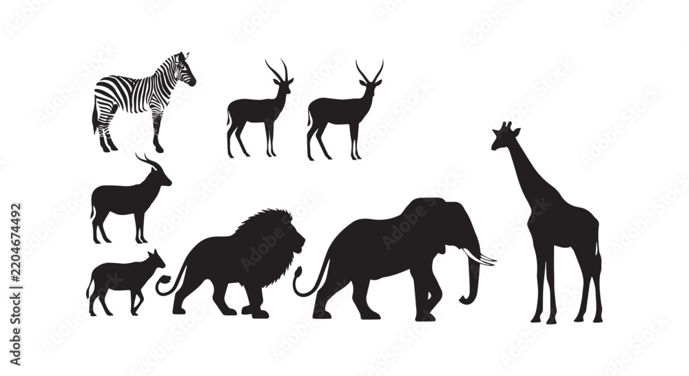 Fototapeta premium Wildlife collection black silhouettes of animals isolated on white background vector.