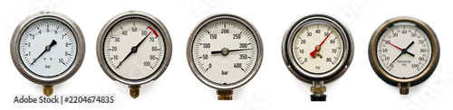 A set of five circular analog industrial pressure gauges featuring metal casings, white dials, different graduated scales, black or red indicator needles, and threaded fittings at the bottom, isolated