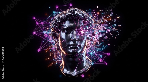 Cyberpunk Classical Sculpture Bust Shattering into Glowing Digital Data and Circuits