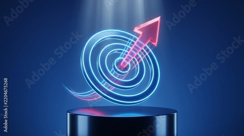 Glowing Neon Target Board with Red Arrow Hitting Bullseye on Podium 3D Illustration