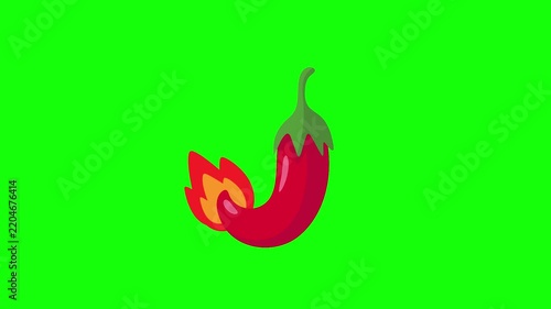 Hot cartoon chili pepper with vibrant fire animation, representing intense flavor on isolated green screen