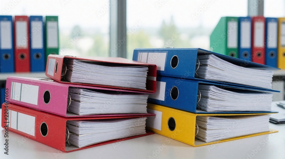 Fototapeta premium Colorful lever arch files stack on office desk. Multicolored binders filled with paper documents sit in workspace. Organized stationery supplies for business administration, document management,