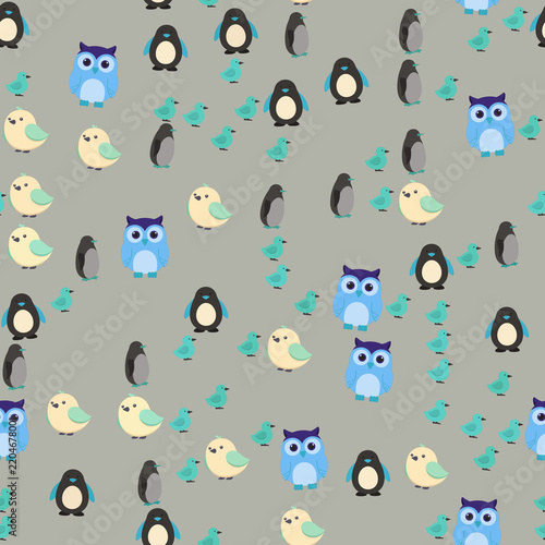 Cartoon Owls, Penguins, and Small Birds Pattern