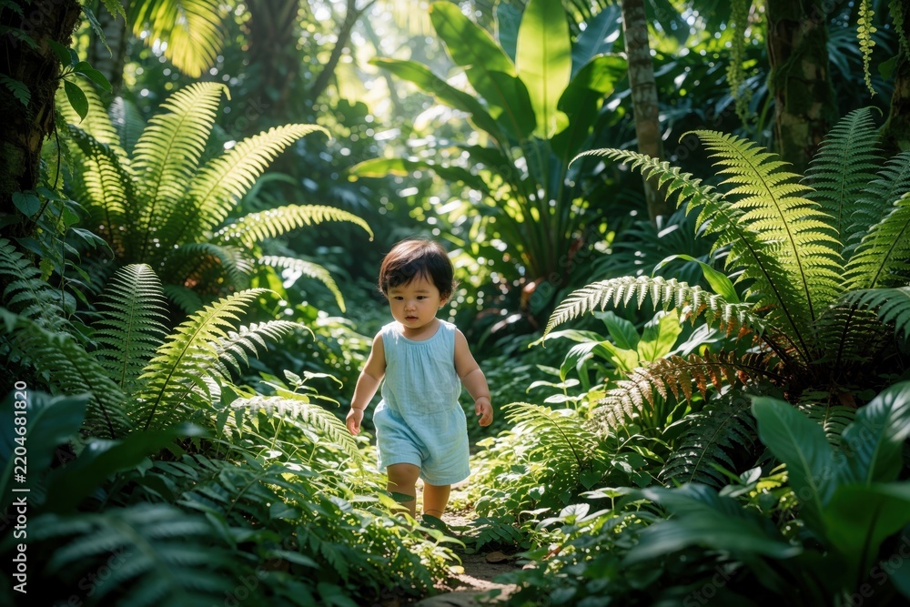 Fototapeta premium Little toddler girl walks through tropical garden. Adventurous child explores dense green jungle with big fern leaves. Sunny summer day in wild forest park. Young kid discovers nature plants, exotic