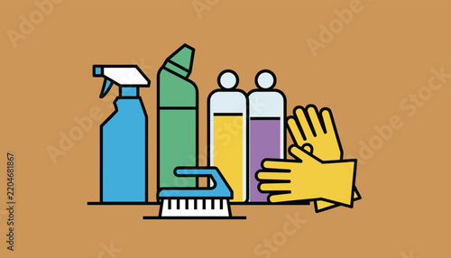 Complete collection of cleaning supplies including a spray bottle, detergent, scrubbing brush, and yellow rubber gloves.