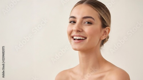 A smiling young woman with blonde hair and glowing skin looking at the camera against a plain white background