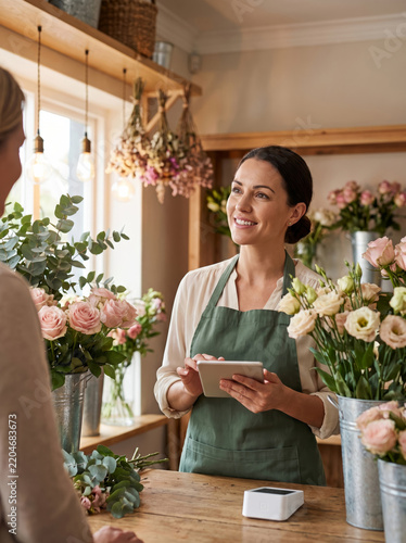 Female florist using a digital tablet at a flower shop counter, highlighting modern small business technology and seamless retail management.