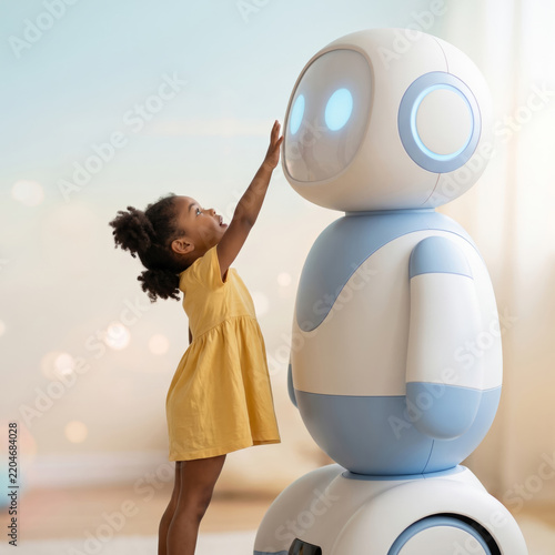 Young girl looking at a friendly robot companion in a sunny room, representing childhood curiosity and the future of educational technology.
