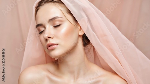Portrait of a young woman with closed eyes, wearing a soft pink veil draped over her head, against a pink background