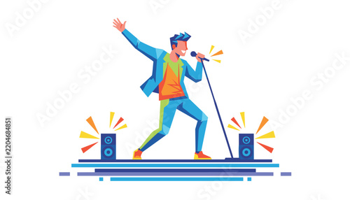 Male singer performing on stage under spotlights with microphones and speakers in vibrant geometric style.