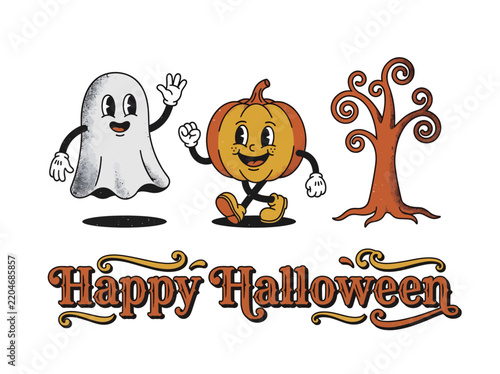Retro cartoon ghost and pumpkin characters with a spooky tree wishing Happy Halloween.