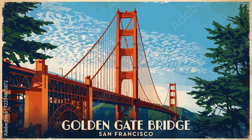 Vintage travel poster illustration of the iconic Golden Gate Bridge in San Francisco, framed by green trees under a blue sky.