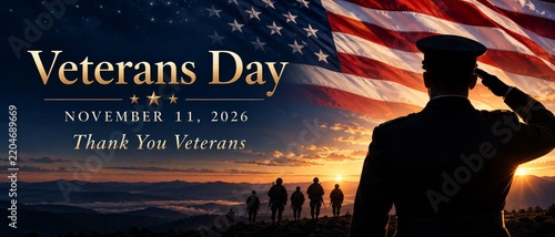 Veterans Day 2026 Banner with Saluting Officer and Soldiers at Sunset