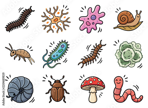 Cute cartoon animals and microscopic organisms with happy expressions and vibrant colors