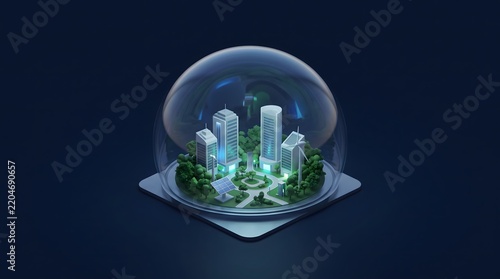 Generative AI minimalist illustration of a sustainable city beneath a transparent glass dome, featuring modern buildings, green trees and futuristic clean energy.
