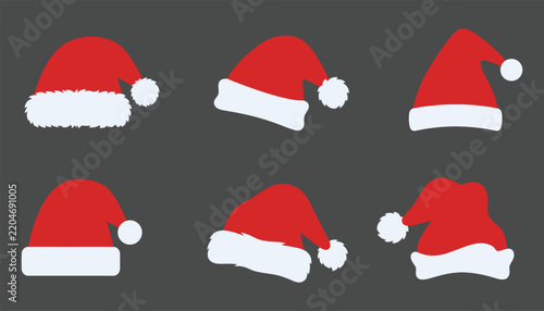 Set of six different santa claus hats a dark background, christmas holiday festive headwear collection