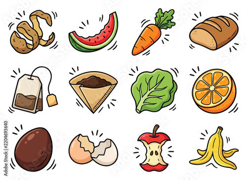 Food scraps and ingredients like a potato peel and carrot with bread and fruit while tea and coffee are used